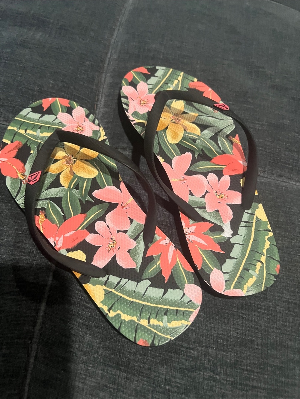 Volcom Tropical Floral Flip Flops - Black Straps, Pink, Green & Yellow